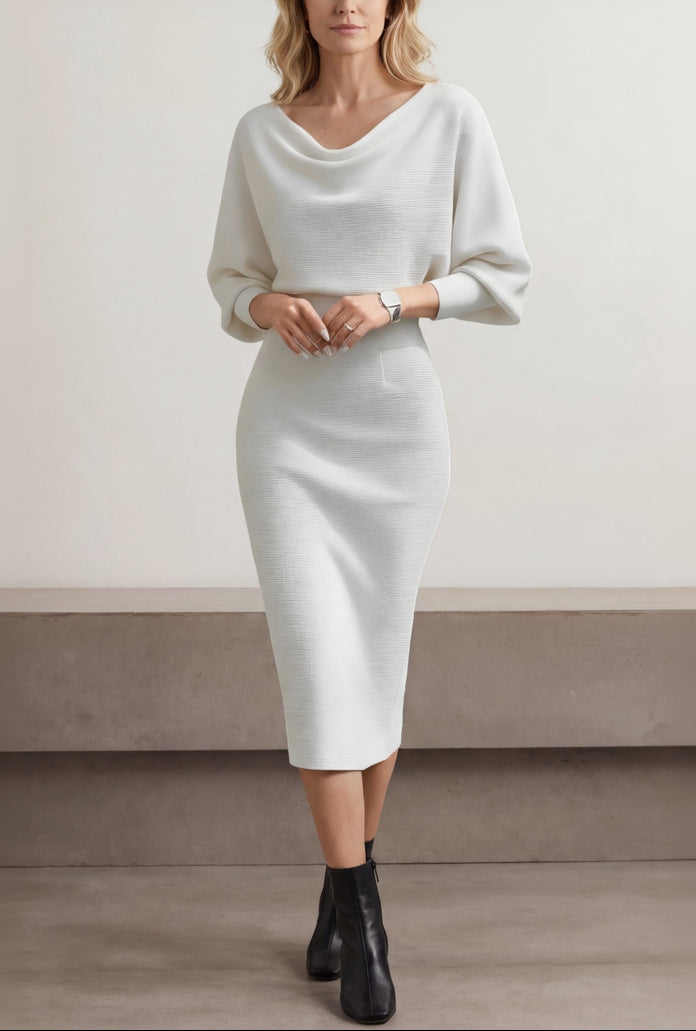 Marjolaine Robe Midi Drapée à Manches Chauve-Souris